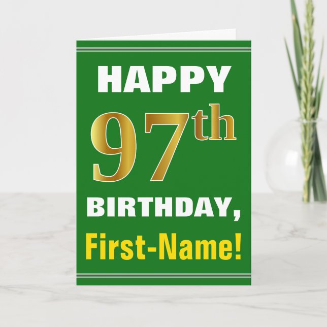 Cartão Bold, Green, Faux Gold 97th Birthday w/ Name Card (Frente)