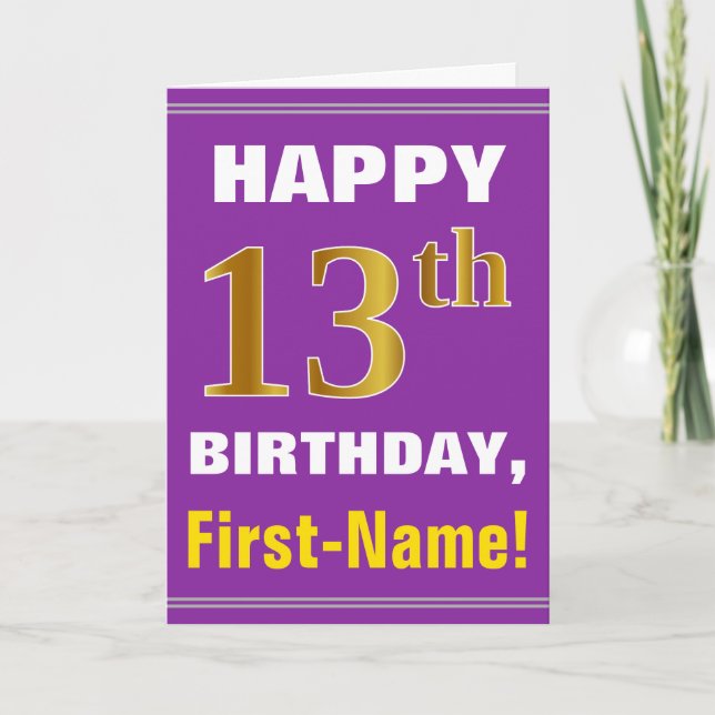 Cartão Bold, Purple, Faux Gold 13th Birthday w/ Name Card (Frente)