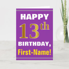 Cartão Bold, Purple, Faux Gold 13th Birthday w/ Name Card