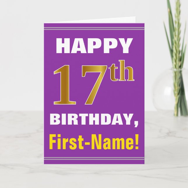 Cartão Bold, Purple, Faux Gold 17th Birthday w/ Name Card (Frente)