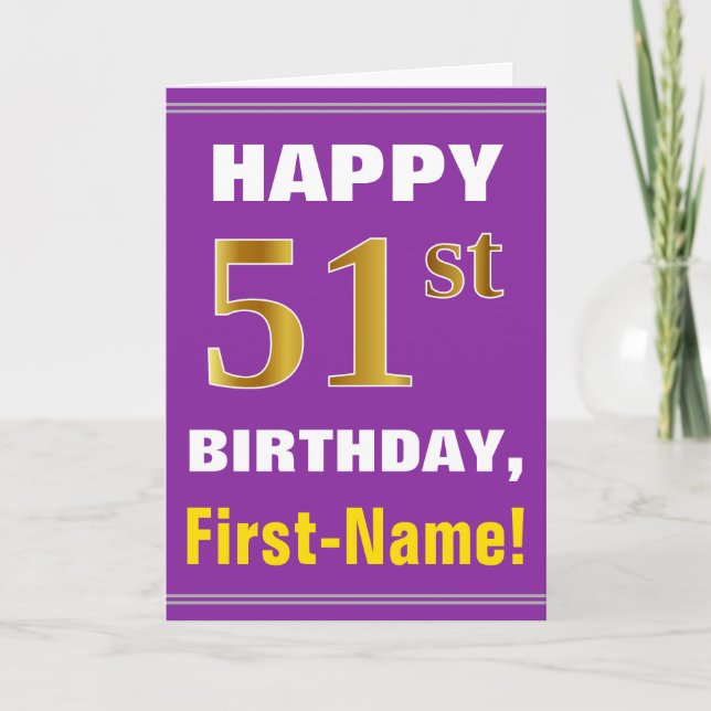 Cartão Bold, Purple, Faux Gold 51st Birthday w/ Name Card (Frente)