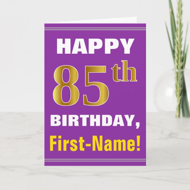 Cartão Bold, Purple, Faux Gold 85th Birthday w/ Name Card (Frente)