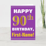 Cartão Bold, Purple, Faux Gold 90th Birthday w/ Name Card<br><div class="desc">This simple birthday-themed greeting card design features a warm birthday wish like "HAPPY 90th BIRTHDAY, First-Name!" on the front, in bold text on a purple colored background. The birthday number has a faux/imitation gold-like coloring look. The name on the front can be customized. The inside features a birthday message that...</div>