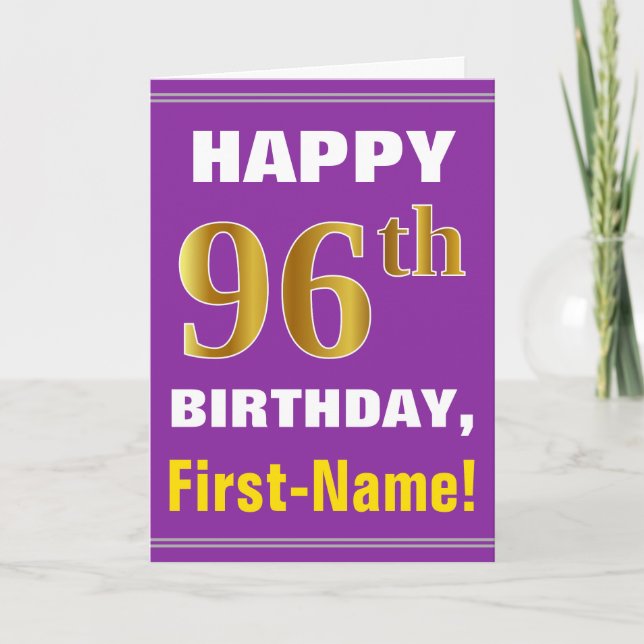 Cartão Bold, Purple, Faux Gold 96th Birthday w/ Name Card (Frente)