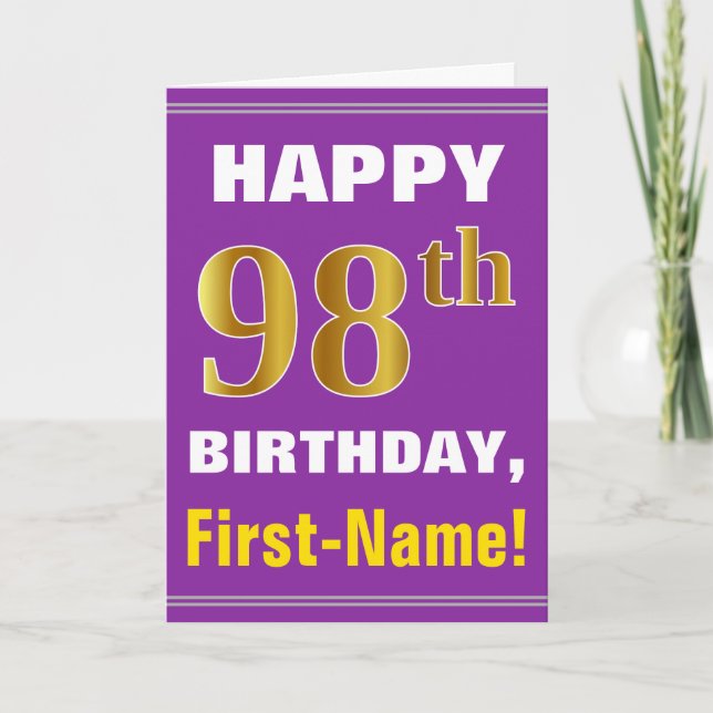 Cartão Bold, Purple, Faux Gold 98th Birthday w/ Name Card (Frente)