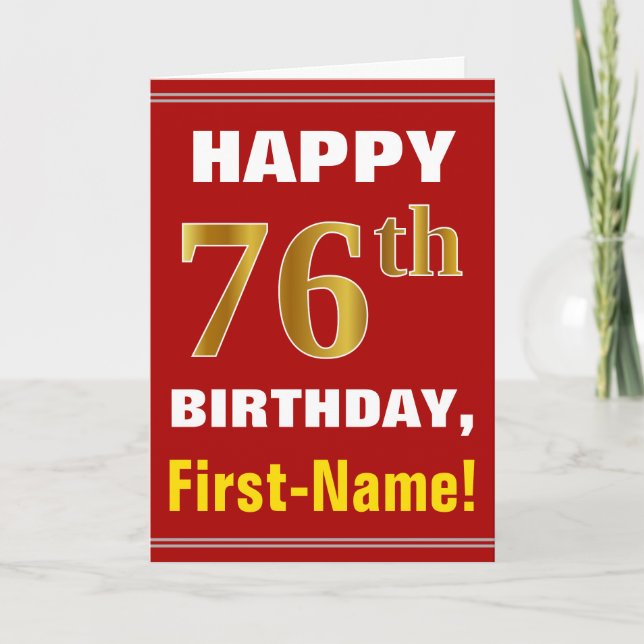 Cartão Bold, Red, Faux Gold 76th Birthday w/ Name Card (Frente)
