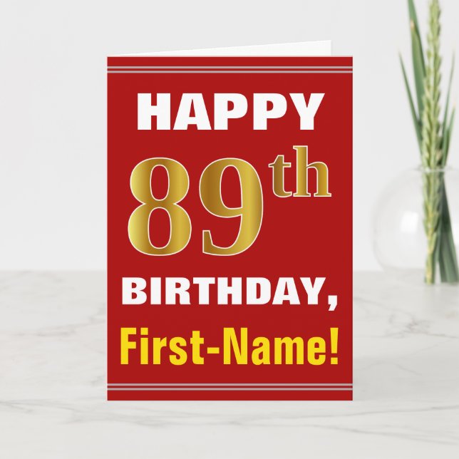 Cartão Bold, Red, Faux Gold 89th Birthday w/ Name Card (Frente)