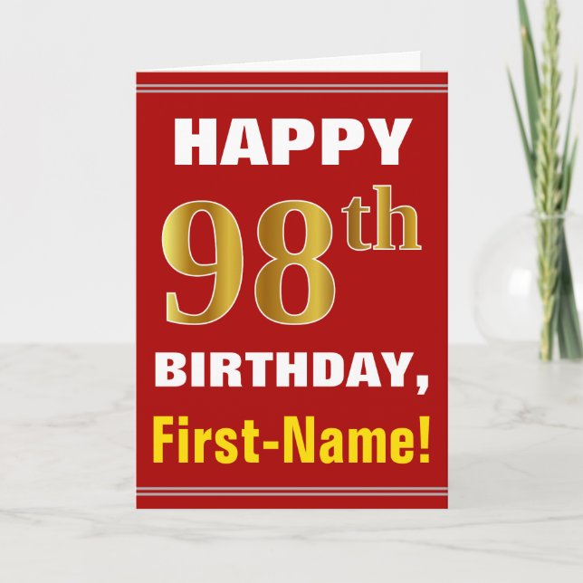 Cartão Bold, Red, Faux Gold 98th Birthday w/ Name Card (Frente)