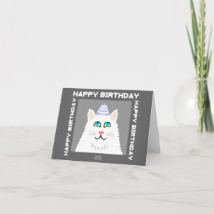 Cartão Boletim de Aniversário Fluffy White Cat Pequeno Ca