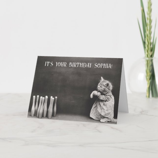 Cartão Boliche de Aniversário de Gato Feliz e Engraçado (Frente)