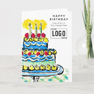 Cartão Bolo Artístico Azul Verde Corporativo de Aniversár