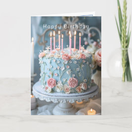 Cartão Bolo Azul Rosas Rosa e Velas Feliz Aniversário