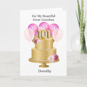 Cartão Bolo de 101º Aniversário Rosa e Dourado Personaliz