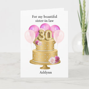 Cartão Bolo de 30º Aniversário Rosa e Dourado Bonito