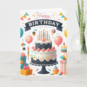 Cartão Bolo de Aniversário Alegre e Balões