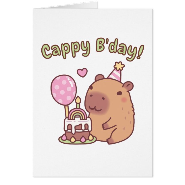 Cartão Bolo de Aniversário Arco-Íris de Capivara Fofa Cap (Frente)