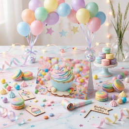 Cartão Bolo de Aniversário Arco-Íris Pastel Caprichoso 
