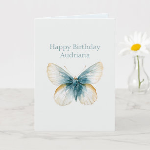 Cartão Bolo de Aniversário Borboleta Creme Azul Bonito