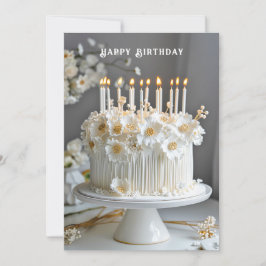 Cartão Bolo De Aniversário Branco & Dourado Flores Velas