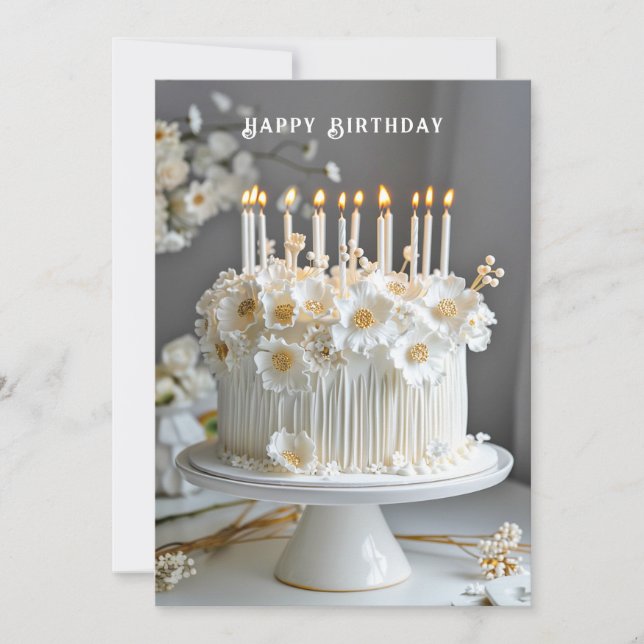 Cartão Bolo De Aniversário Branco & Dourado Flores Velas (Frente)