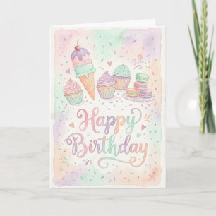 Cartão Bolo de Aniversário com Aquarela Pastel