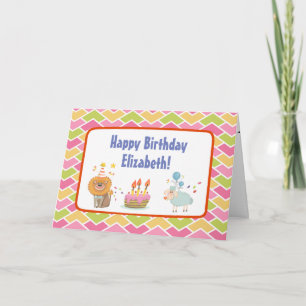 Cartão Bolo de Aniversário com Leão de Festa e Ovelha de 