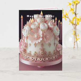 Cartão Bolo de Aniversário com Velas e Flores Rosa