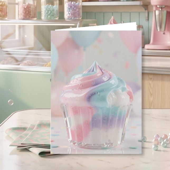 Cartão Bolo de Aniversário com Xícara de Cristal Pastel (Criador carregado)