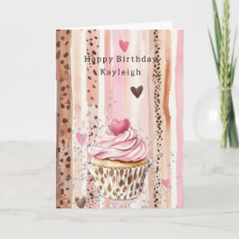Cartão Bolo de Aniversário Confete Cupcake Leopardo Coraç