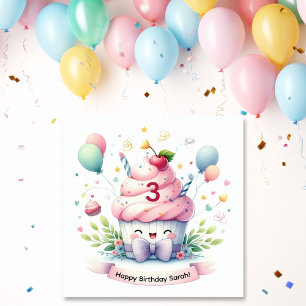 Cartão Bolo de Aniversário Cor-de-Rosa Kawaii Fofinho
