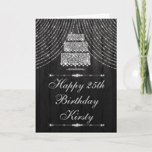 Cartão Bolo de Aniversário Cortina Diamante Preto Prata