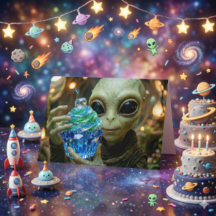Cartão Bolo de Aniversário Cristalino Alien Estelar