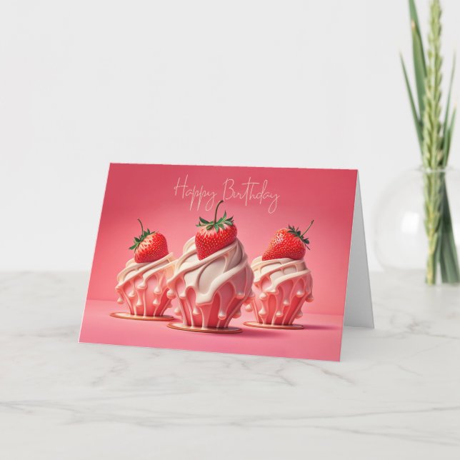 Cartão Bolo de Aniversário Cupcakes de Morango (Frente)