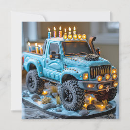 Cartão Bolo de Aniversário de Caminhão Azul Velas Faróis