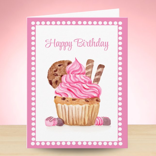 Cartão Bolo de Aniversário de Chocolate com Cupcake Rosa  (Criador carregado)