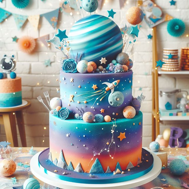 CARTÃO BOLO DE ANIVERSÁRIO DE CRIANÇA DO TEMA DO PLANETA  (Criador carregado)