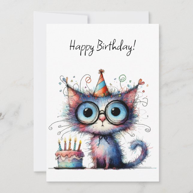 Cartão Bolo de Aniversário de Gato Caprichoso e Fantasios (Frente)