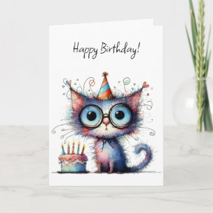 Cartão Bolo de Aniversário de Gato Caprichoso e Fantasios