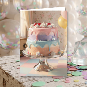 Cartão Bolo de Aniversário de Vidro Pastel com Cerejas