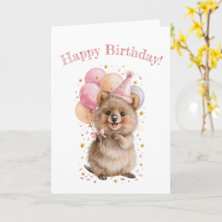 Cartão Bolo de Aniversário do Quokka Fofo com Balão de Sa