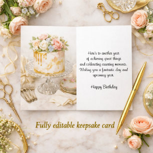 Cartão Bolo de Aniversário Elegante Aquarela