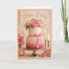 Cartão Bolo de Aniversário Elegante Rosa e Dourado com Fo