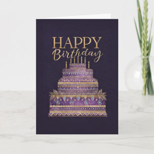 Cartão Bolo de Aniversário Elegante Roxo e Dourado