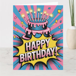 Cartão Bolo de Aniversário Feliz de pop Art
