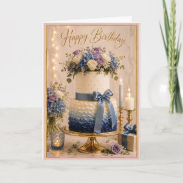 Cartão Bolo de Aniversário Floral Azul Ombre Elegante