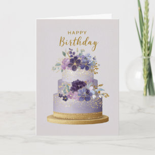 Cartão Bolo de Aniversário Floral Roxo e Dourado Elegante