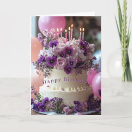 Cartão Bolo de Aniversário Hortênsias Roxas Violetas Aniv