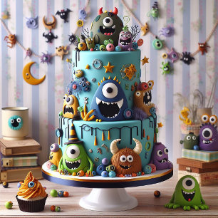 CARTÃO BOLO DE ANIVERSÁRIO INFANTIL DECORADO COM MONSTROS