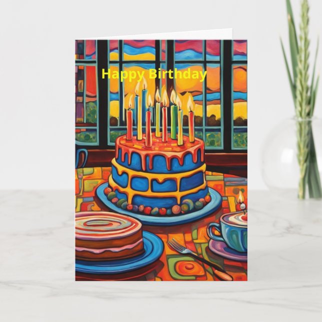 Cartão Bolo de aniversário na mesa (Frente)