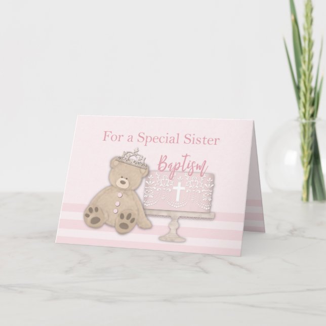 Cartão Bolo de Batismo da Irmã Rosa Urso de Pelúcia e Tia (Frente)